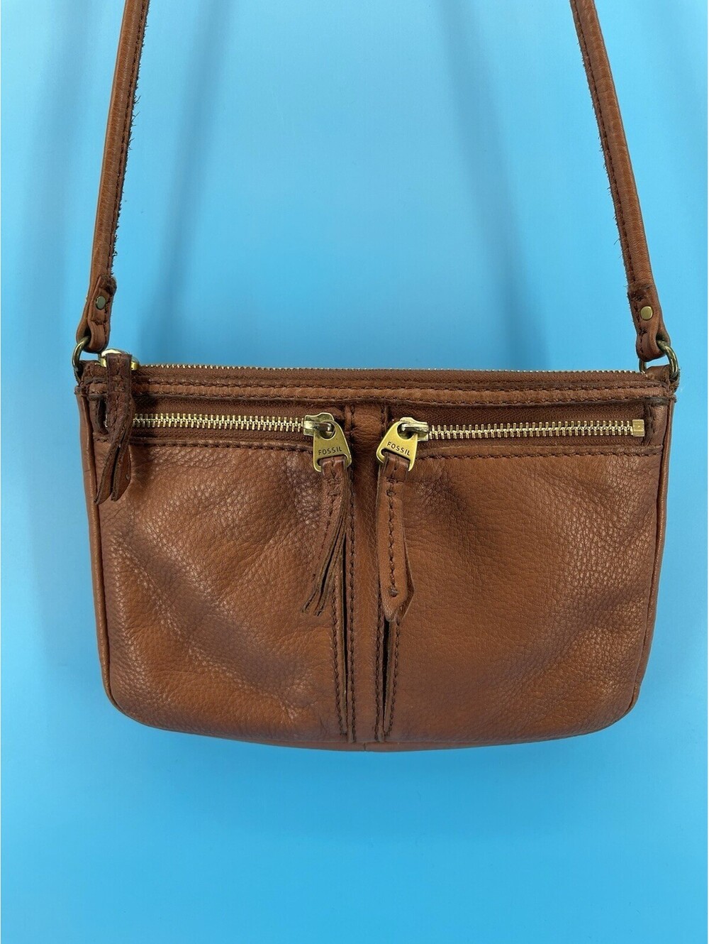 VTG Fossil Brown‎ Leather Crossbody Shoulder Bag Organizer Zip Purse Women